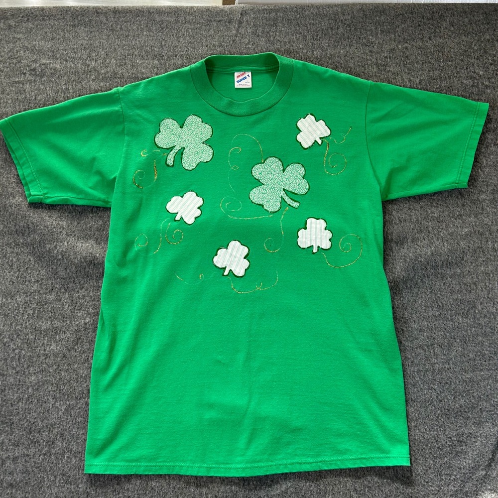 VTG Jerzees St. Patrick's Day T-Shirt Shamrock Graphic Tee Green Lucky Womens‎ L
